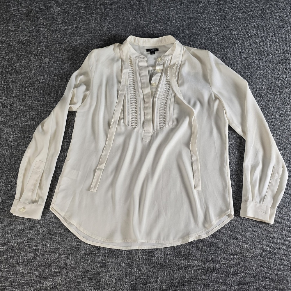 Ann Taylor Petite Off White Pleated Bib Tie Neck Blouse SP